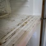 The moldy insides of an empty fridge
