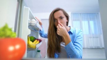 woman looking into open fridge while pinching her nose