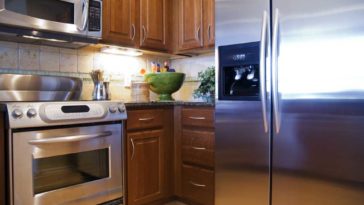 Stainless steel appliances in a kitchen with wood cabinets