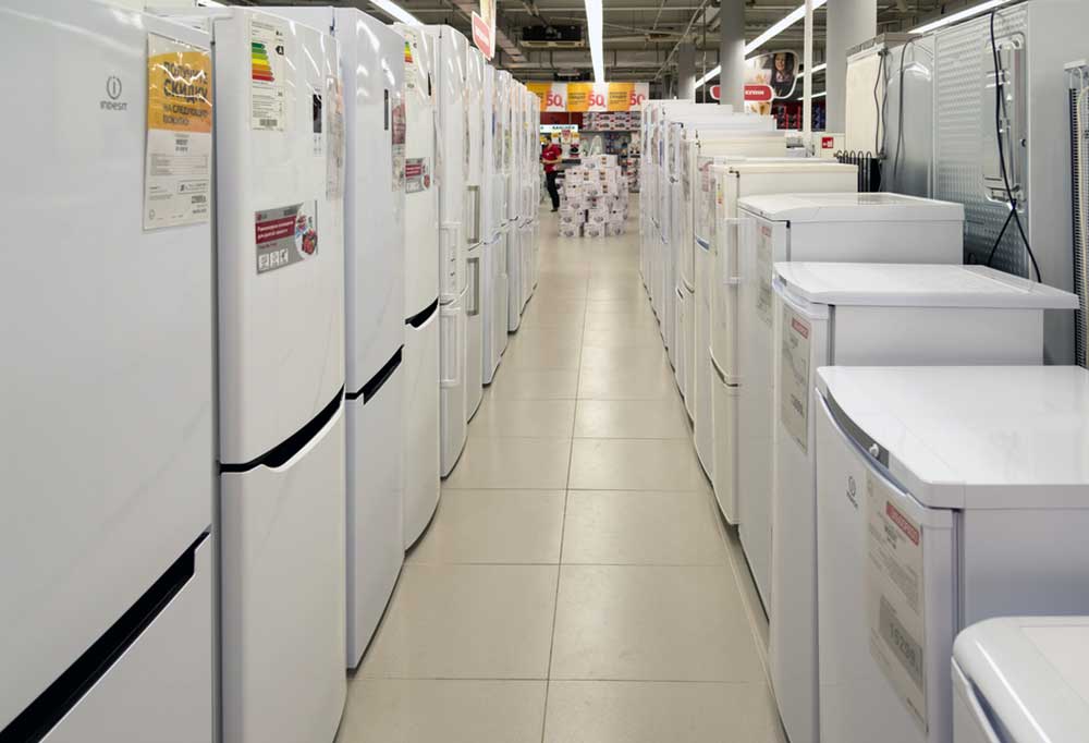 a view down the appliance isle in a big box store