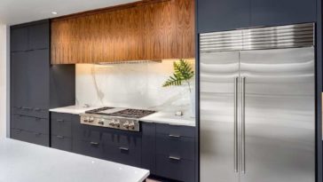 Stainless Steel Appliances in a dark grey themed kitchen