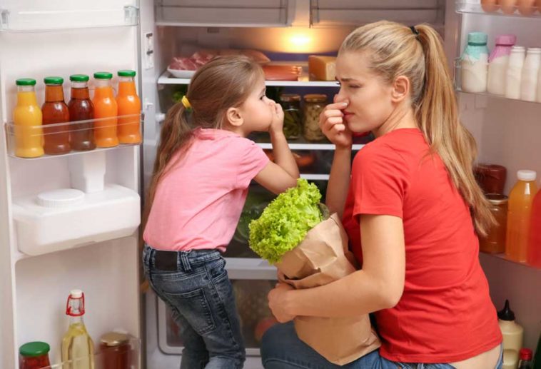 Woman and child kneeling in front of fridge to put away groceries and holding their noses