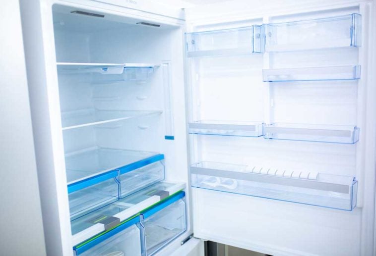Fridge door open revealing glass shelves