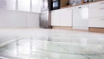 Kitchen with water pooled on floor