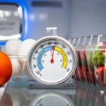 Dial thermometer sitting on shelf in fridge next to strawberries, eggs, and a tomato