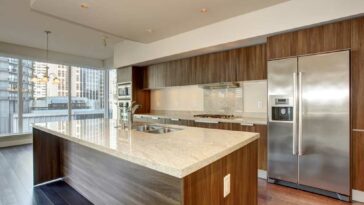 Kitchen with a stainless steel fridge