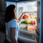 woman looking in fridge with door open and light on