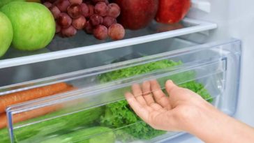 Hand opening a fridge drawer full of vegetables.