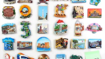 random fridge magnets lined up side by side on a fridge door