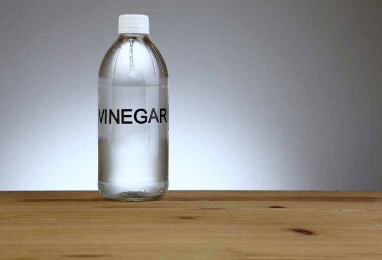Generic bottle of vinegar sitting on a wood surface against a grey background.