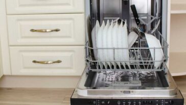 Dishwasher full of dirty dishes standing open with water in the bottom