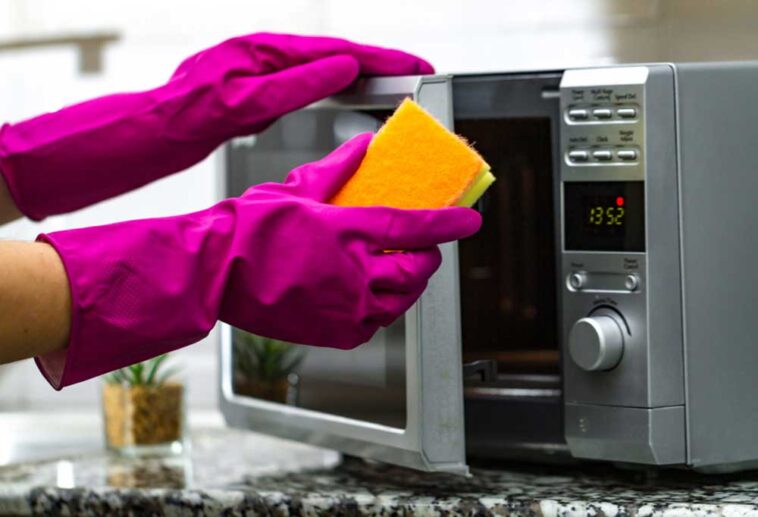 Pink gloved hands holding a sponge, opening a microwave as if to clean it