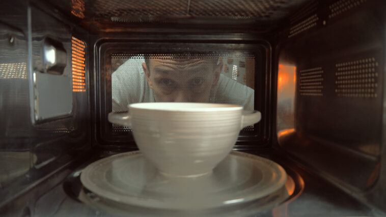 White bowl on a white plate, inside a microwave with a person looking in through the glass door.
