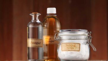 Bottles of vinegar and a glass jar of baking soda on a table with a dark wood background