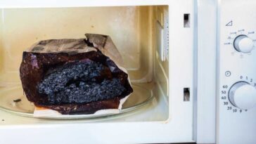 Burnt bag of popcorn in an open microwave