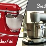 Photos of a KitchenAid stand mixer and a Bosch stand mixer meeting in the middle on the diagonal