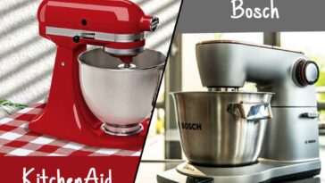 Photos of a KitchenAid stand mixer and a Bosch stand mixer meeting in the middle on the diagonal