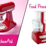 Pictures of a KitchenAid mixer and a food processer meeting on the diagonal in the middle