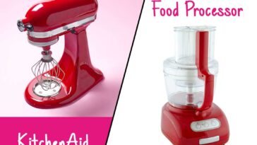 Pictures of a KitchenAid mixer and a food processer meeting on the diagonal in the middle