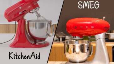Pictures of a KitchenAid mixer and a SMEG mixer meeting in the middle on the diagonal.