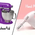 photos of a Purple stand mixer and a white hand mixer meeting on the diagonal in the middle
