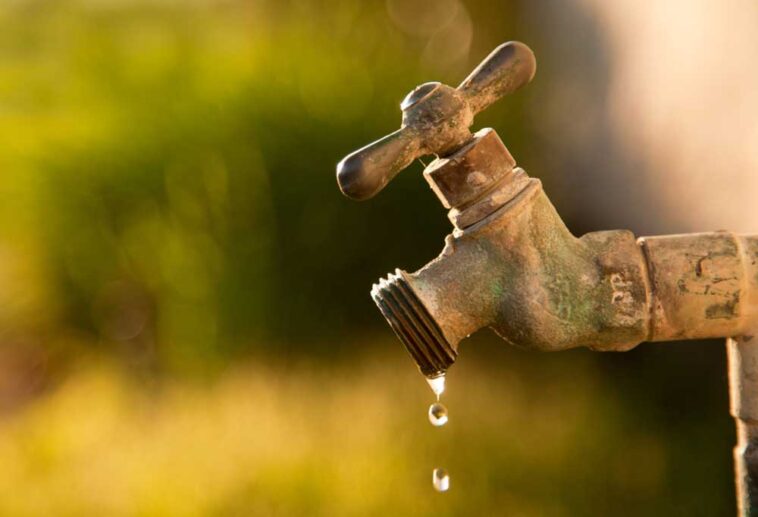 Patinaed brass outdoor faucet, dripping