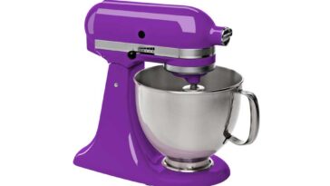 Purple KitchenAid mixer on a white background