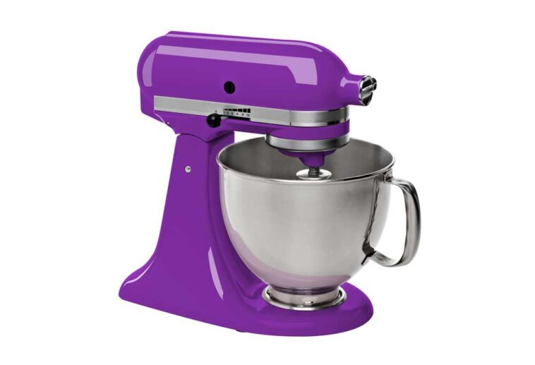 Purple KitchenAid mixer on a white background