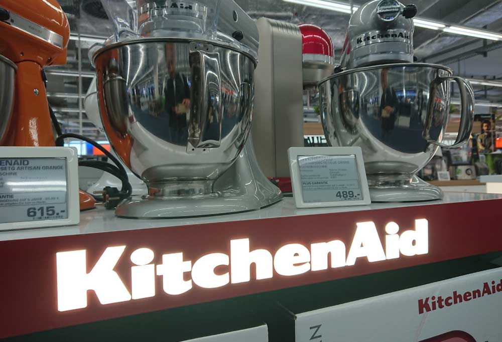 A KitchenAid mixer display with logo