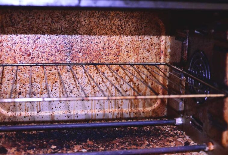 Close up of a greasy oven