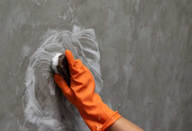 Hand in an orange glove with a scrub brush scrubbing a grey, dirty wall.