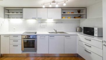 Clean white kitchen with laminate cabinets