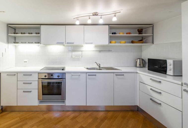Clean white kitchen with laminate cabinets