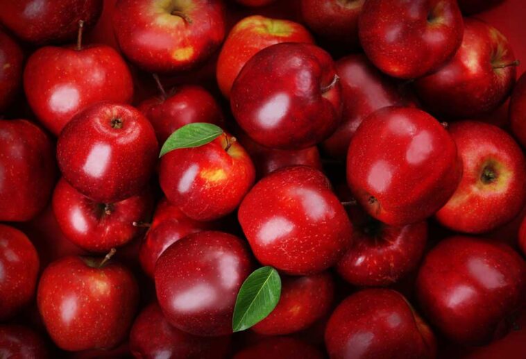 overhead view of a pile of red apples