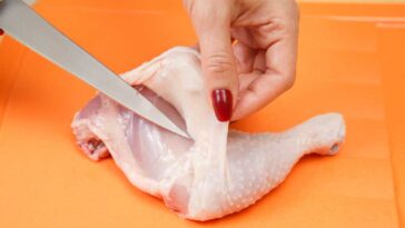 hand holding back the sking on a chicken leg quarter while it is being cut away with a knife.
