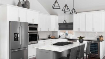 Kitchenaid refrigerator set in white cabinets in a modern kitchen