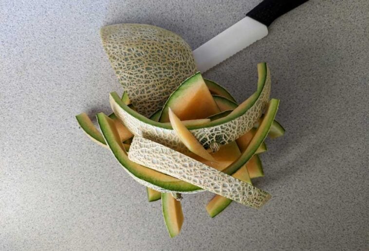 A knife with the rind of a canaloupe cut into wedges
