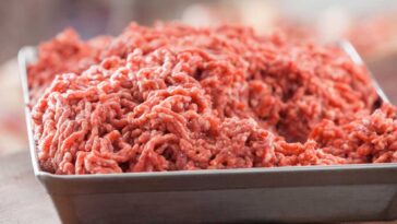 Ground beef in a tray on a wooden table