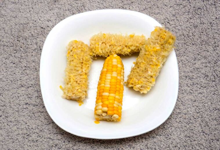 empty corn cobs with one whole ear of corn in the middle all on a white plate