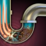 Illustration of a drain pipe with a clog and arrows pointing out the direction drain cleaner will flow