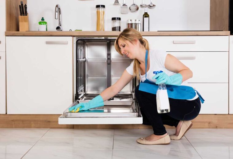 Woman in an apron kneeling down, scrubbing the inside of a dishwasher