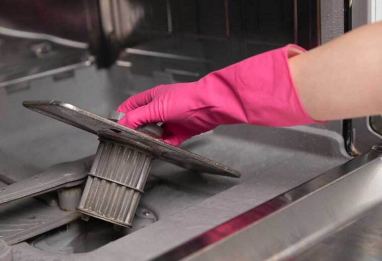 Hand wearing a pink glove, removing the filter from a dishwasher