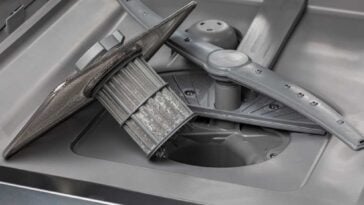 The bottom of the inside of a dishwasher, taken apart