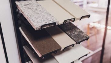Blocks of different style countertops on a display wrack