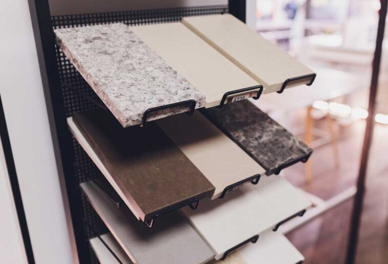 Blocks of different style countertops on a display wrack