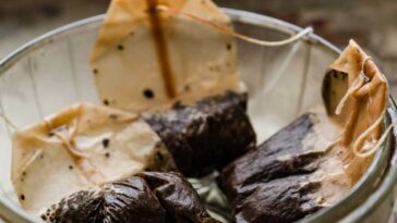 Used tea bags in a strainer