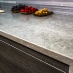 Close up of a grey marbled counter top