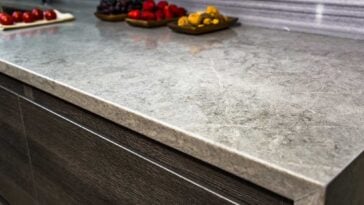 Close up of a grey marbled counter top