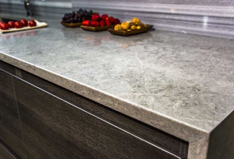 Close up of a grey marbled counter top