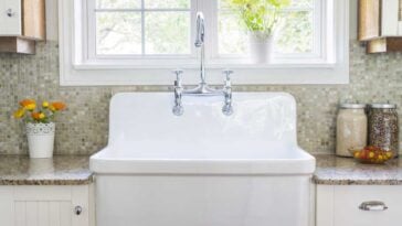 large, white kitchen sink in a farmhouse kitchen